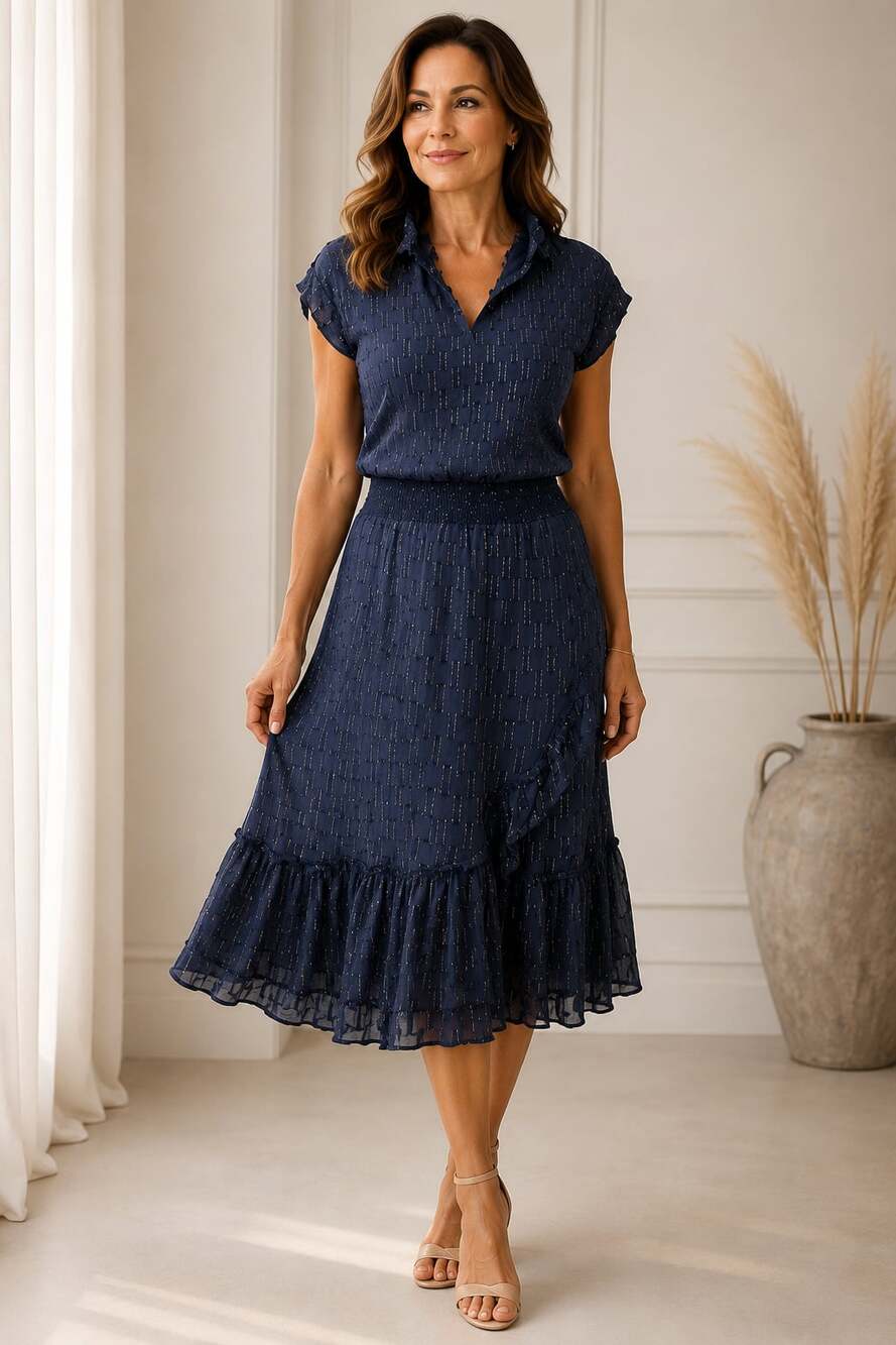 Sparkz Copenhagen Vilma Navy Blue Metallic Stripe Midi Dress